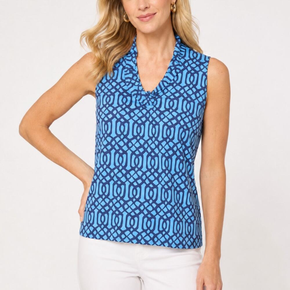 J. McLaughlin Geometric Print Sleeveless Catalina Cloth Blouse Blue Size XL